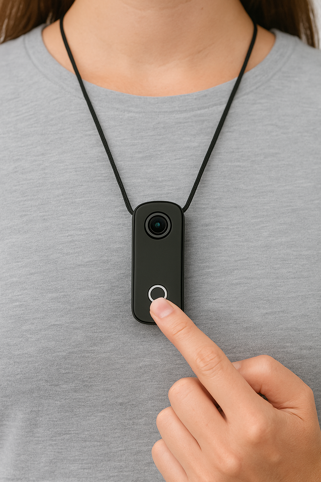 Person wearing a black pendant on a gray shirt with a hand pointing to it.