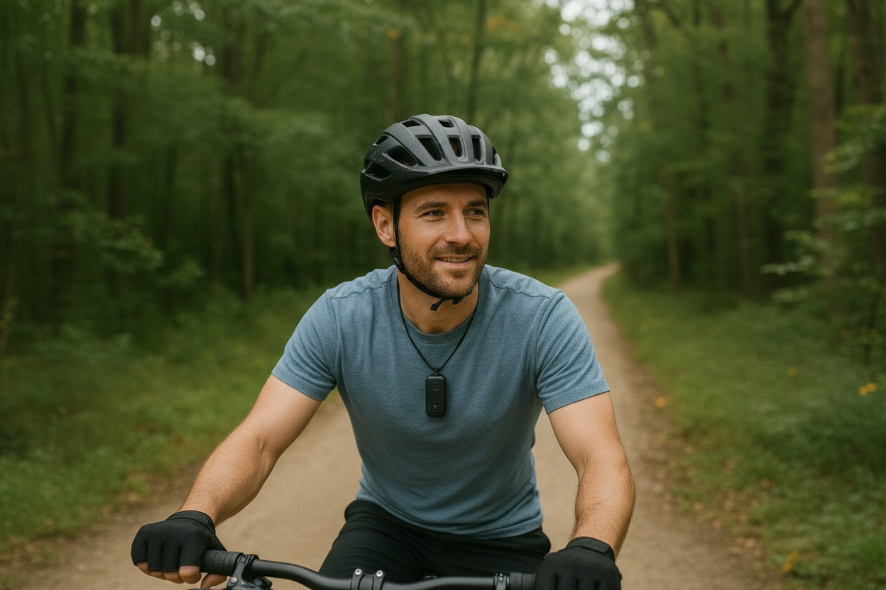 Man riding a bicycle on a forest path wearing a helmet and blue shirt.