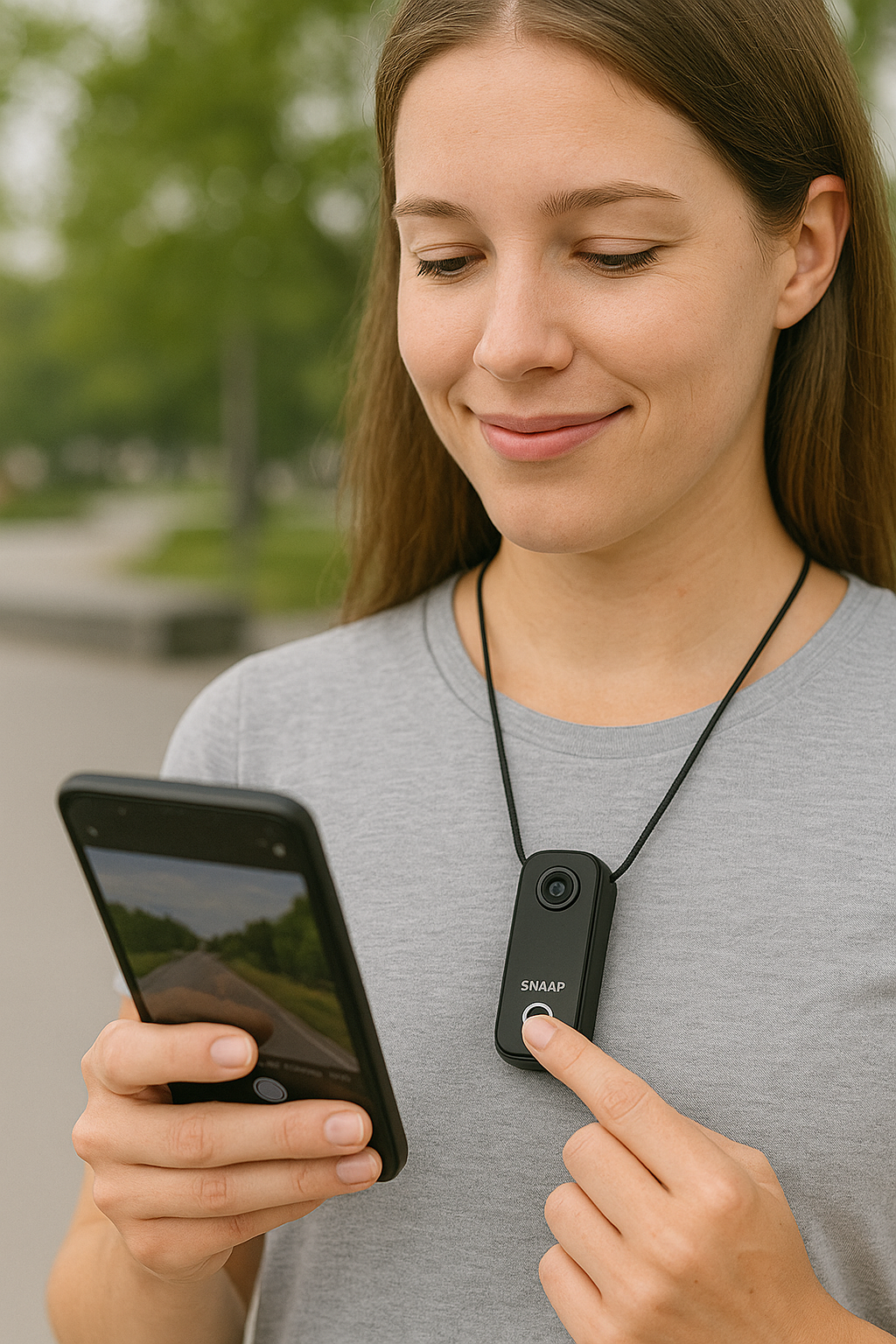 Woman holding a smartphone with a small device on a lanyard around her neck, outdoors.