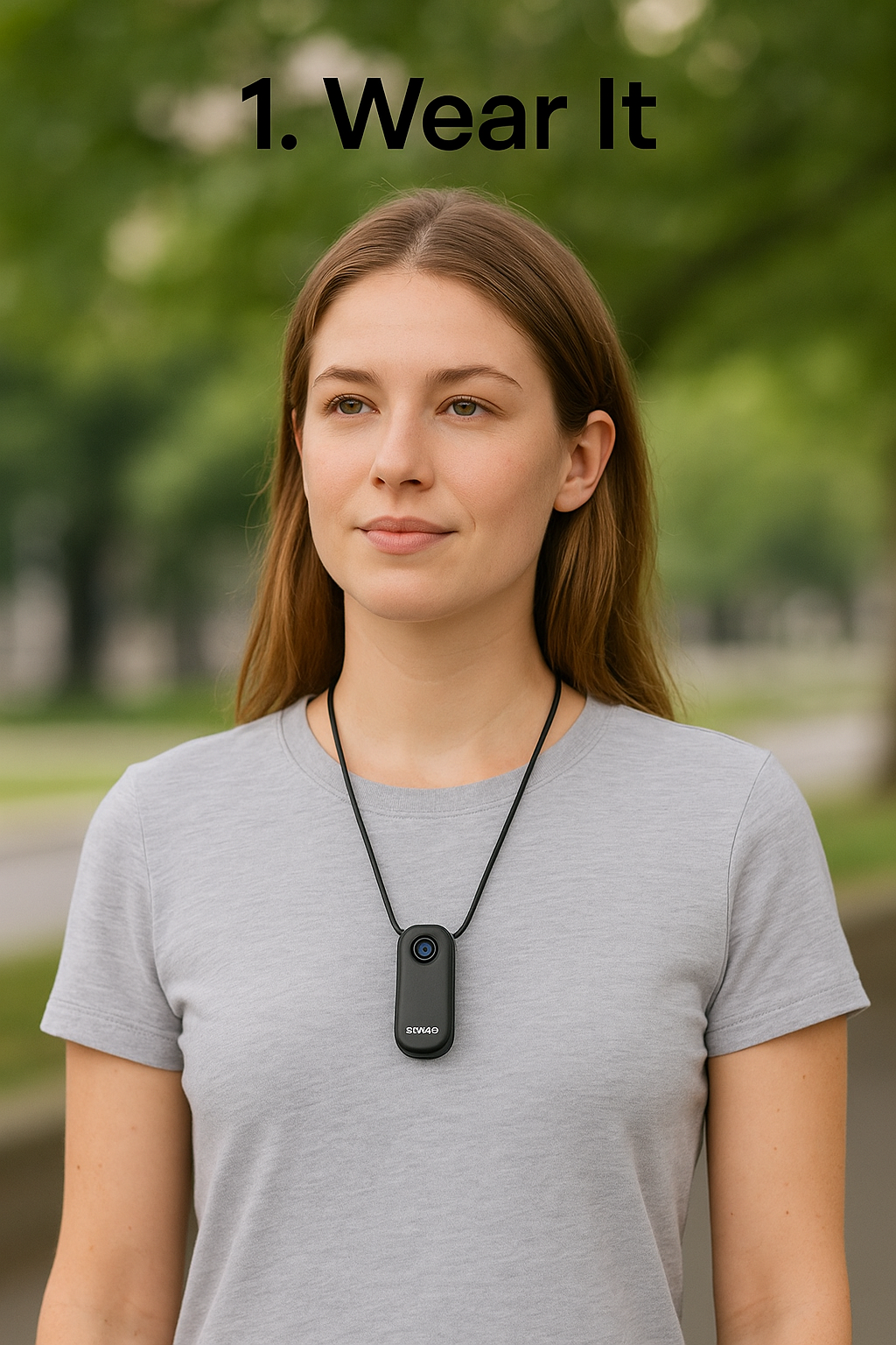 Person wearing a necklace with a device, outdoors.