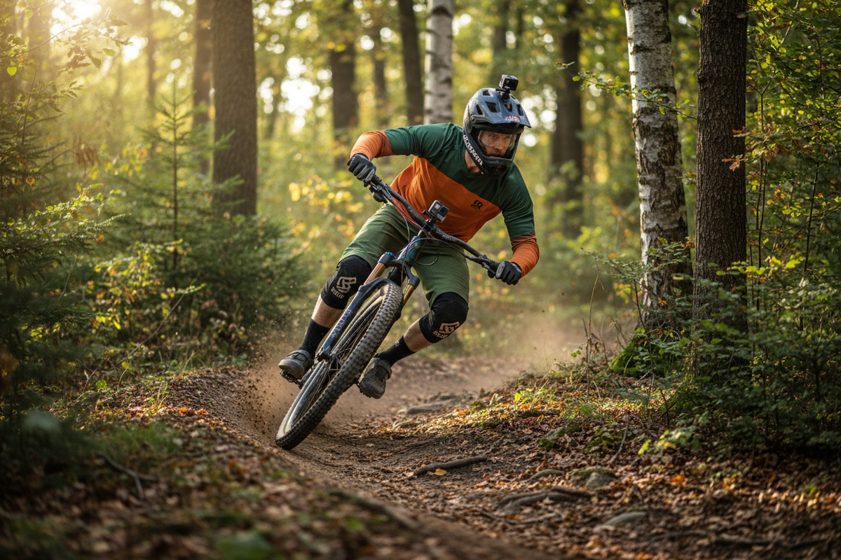User using the SNAAP action camera on a bike trail in forest in the day white male